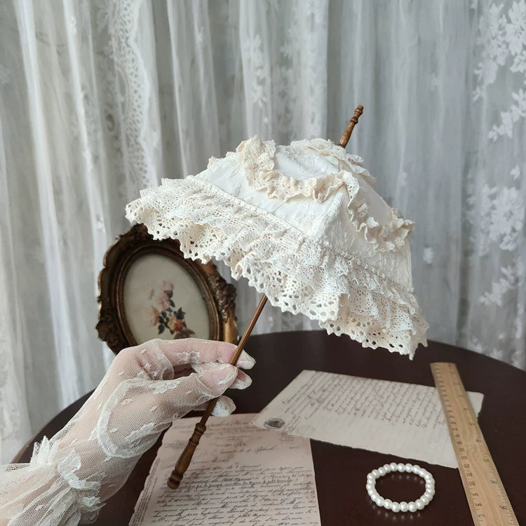 白レース装飾 ハンドメイド ドール用パラソル