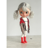 Blythe doll styling with candy-color rain boots for a rainy-day outfit