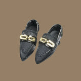 Black low-heel doll pumps with metal chain detail and glossy nylon finish