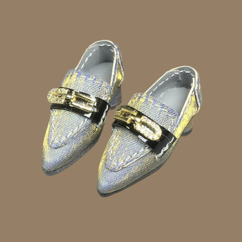 Blue low-heel doll pumps with metal chain detail and glossy nylon finish