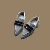Blue-base low-heel doll pumps with metal chain detail and glossy nylon finish