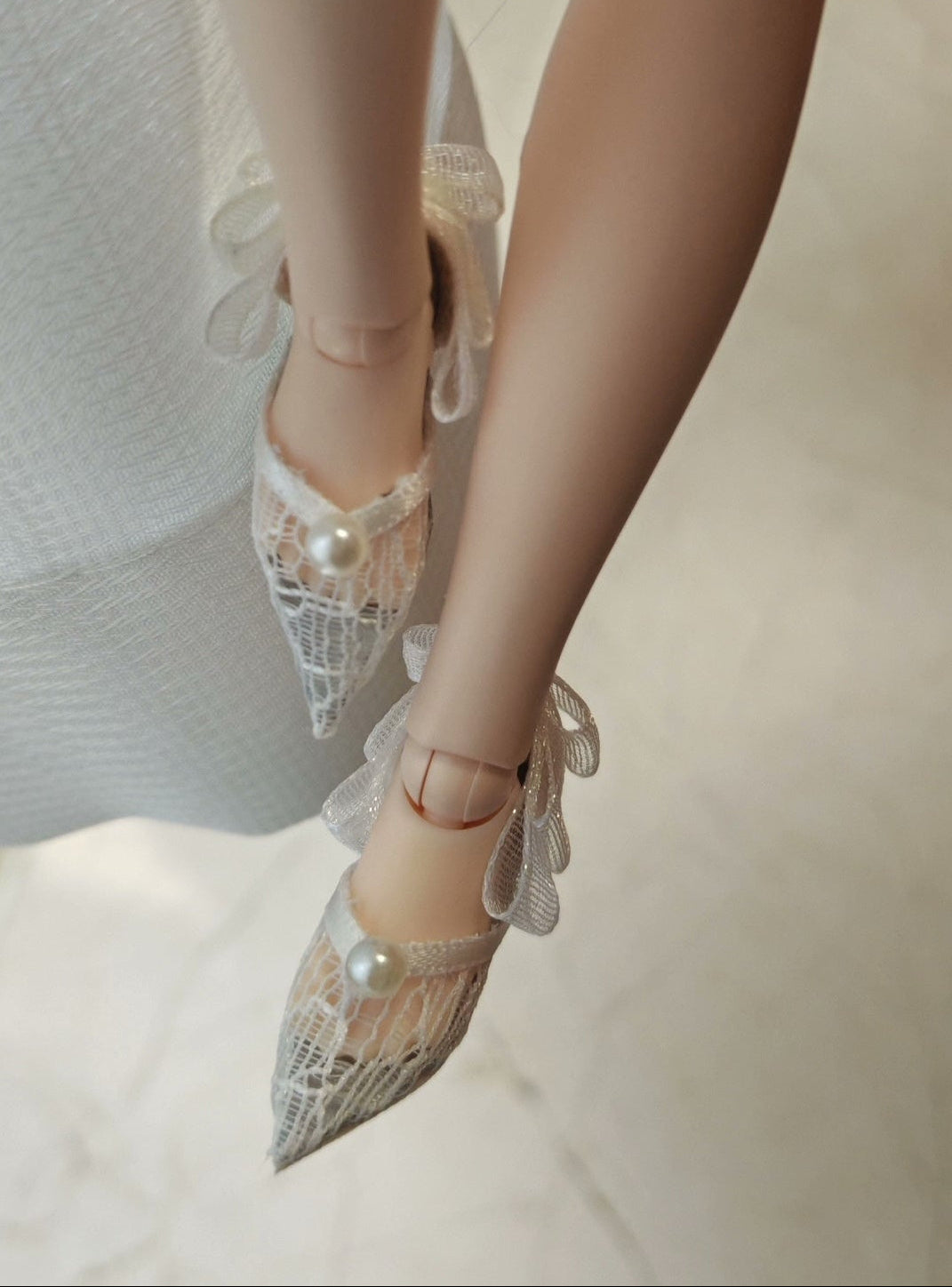 1/6 scale pearl lace low-heel doll shoes with bow for Blythe, Obitsu 22/24 and momoko