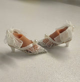 1/6 scale pearl lace low-heel doll shoes with bow for Blythe, Obitsu 22/24 and momoko