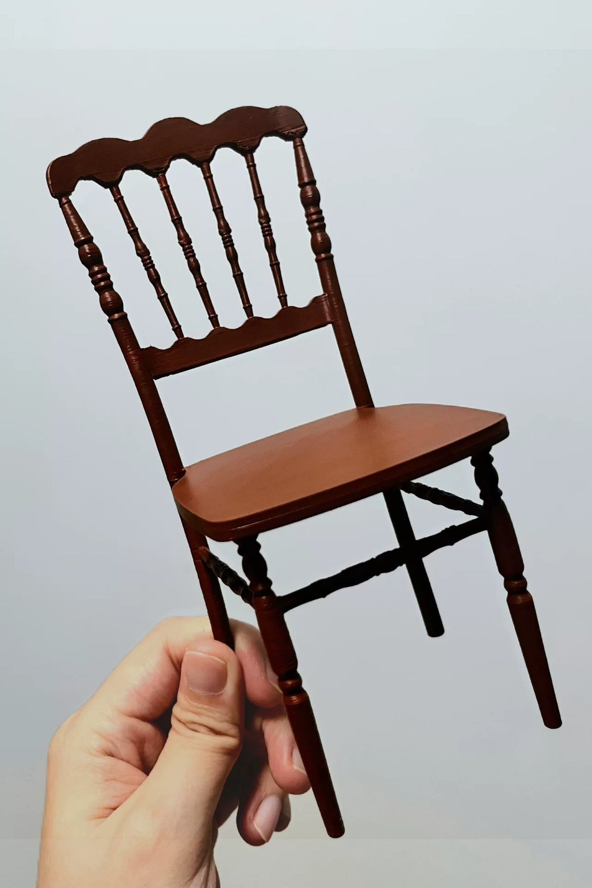 Brown round pedestal table with two spindle-back chairs for 1/6 BJD