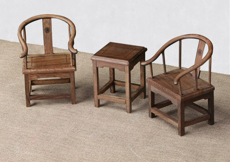 1/6 scale Chinese antique style table and chair set with one table and two chairs for dollhouse scenes.