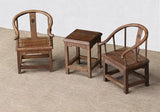 1/6 scale Chinese antique style table and chair set with one table and two chairs for dollhouse scenes.