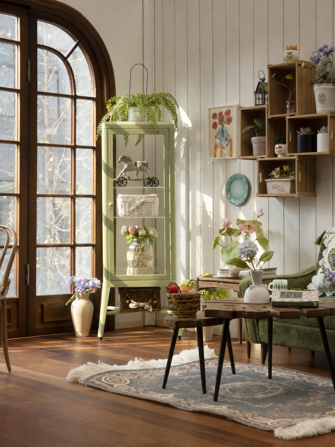 1/6 scale light green glass display cabinet in miniature room