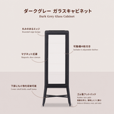 Dark grey miniature glass cabinet features in Japanese and English