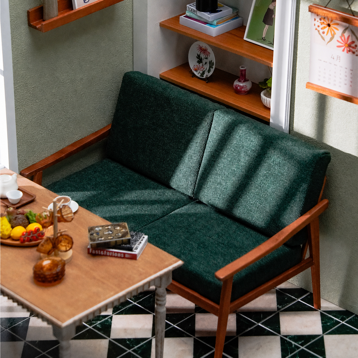 1/6 scale wooden two-seater sofa with dark green upholstery