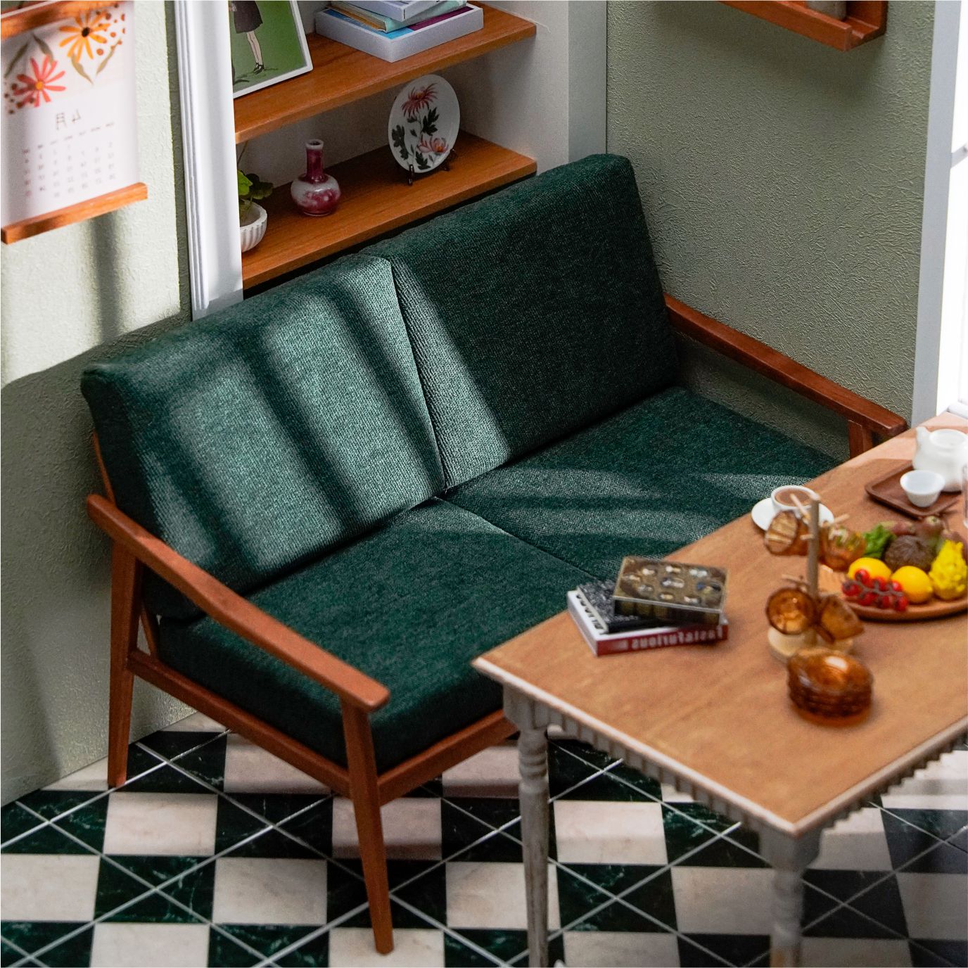 Two-seater wooden doll sofa for 1/6 scale dollhouse decor