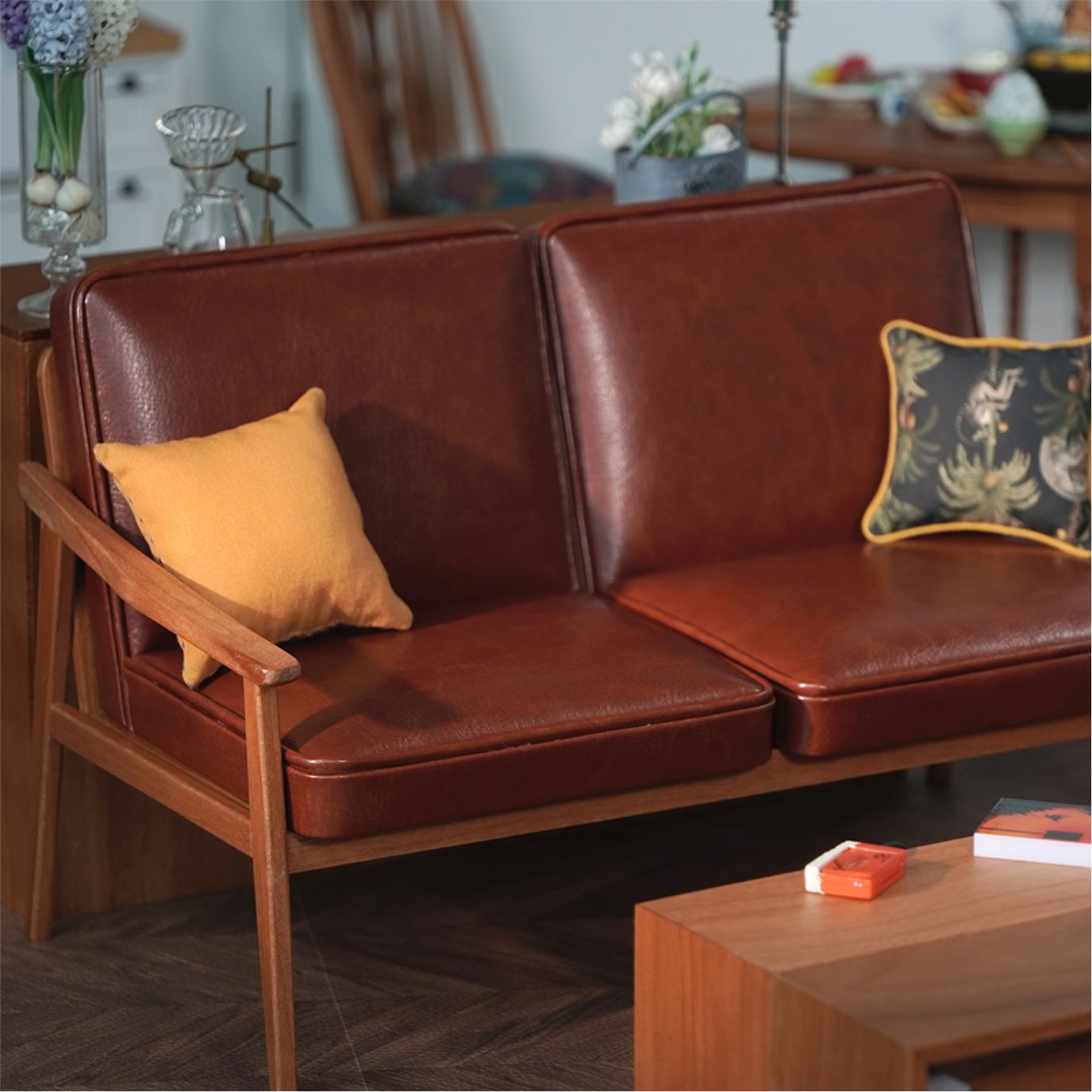 Vintage-inspired wooden two-seater sofa for 1/6 scale dolls