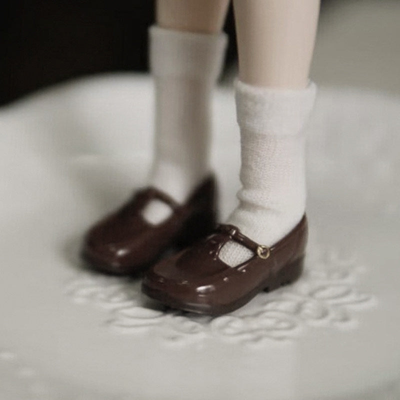 Brown 1/6 scale vintage T-strap Mary Jane doll shoes with patent-look finish