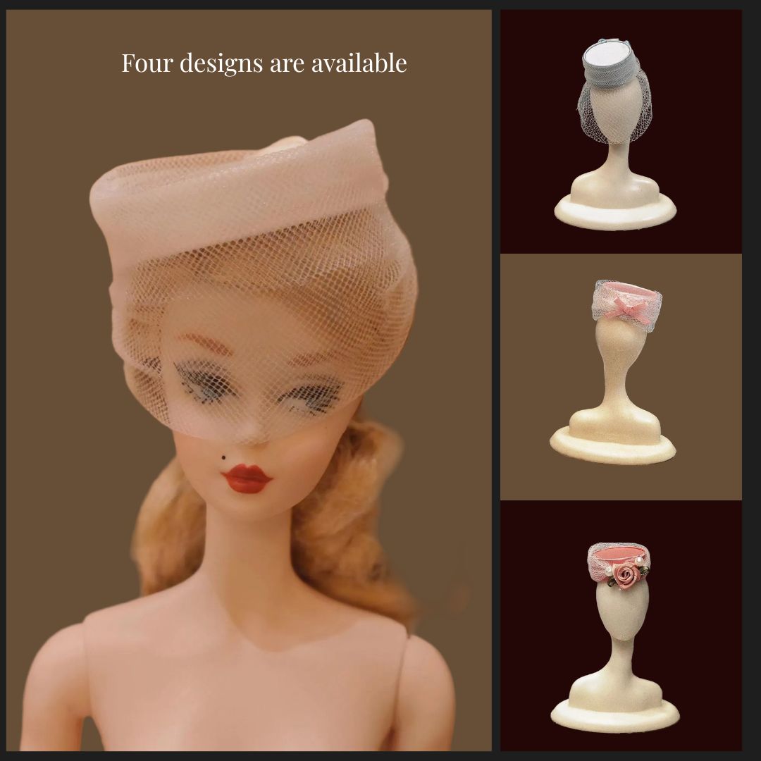 Vintage 1/6 scale doll dress styled with a beige straw hat and blush pink ribbon