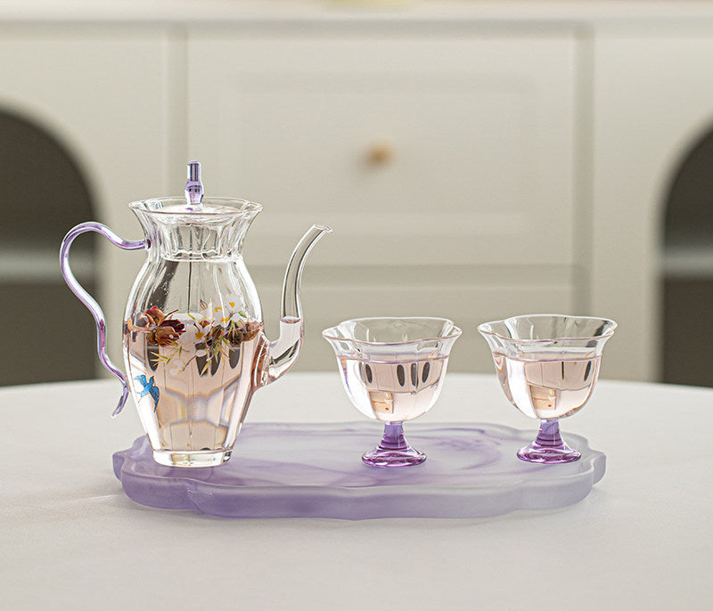 花見・ピクニック・お庭｜耐熱ガラス茶器｜茶器セット（ティーポット＋茶杯）／紫手提げバッグ