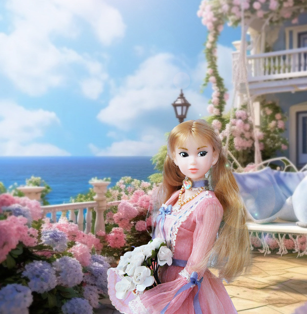 Spring Reverie pink floral doll dress full-length view
