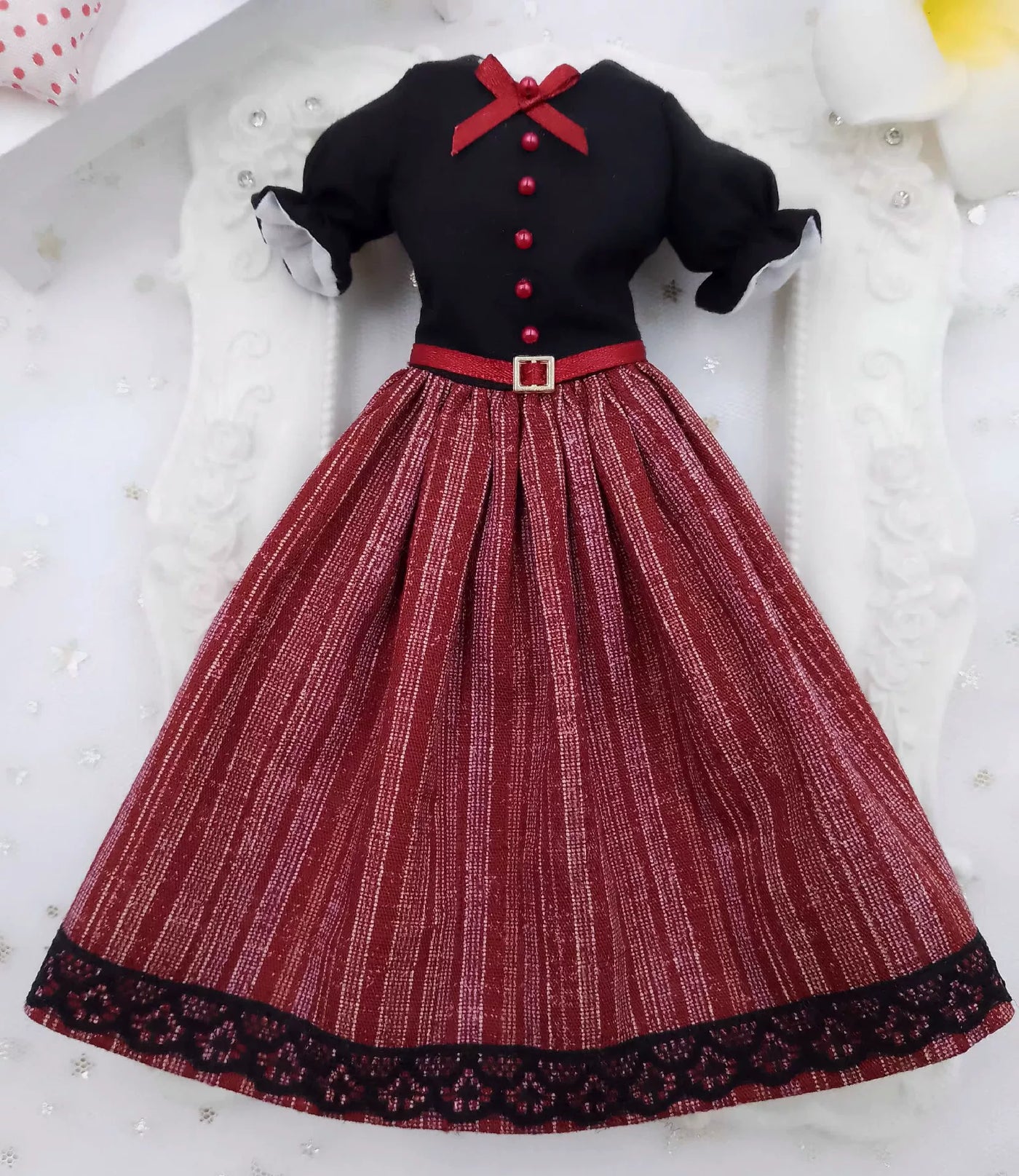 1/6 scale Burgundy Fine Pinstripe vintage doll dress, made-to-order collector fashion