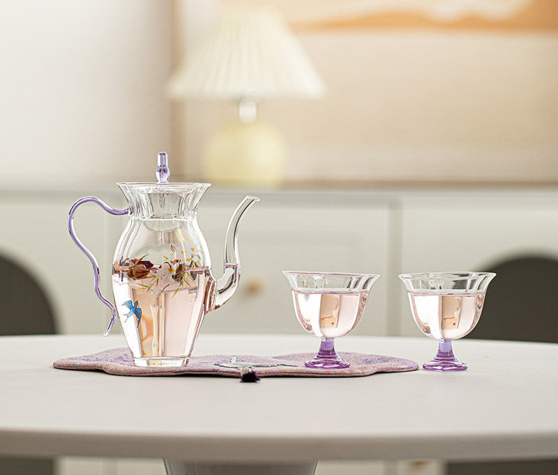 花見・ピクニック・お庭｜耐熱ガラス茶器｜茶器セット（ティーポット＋茶杯）／紫手提げバッグ