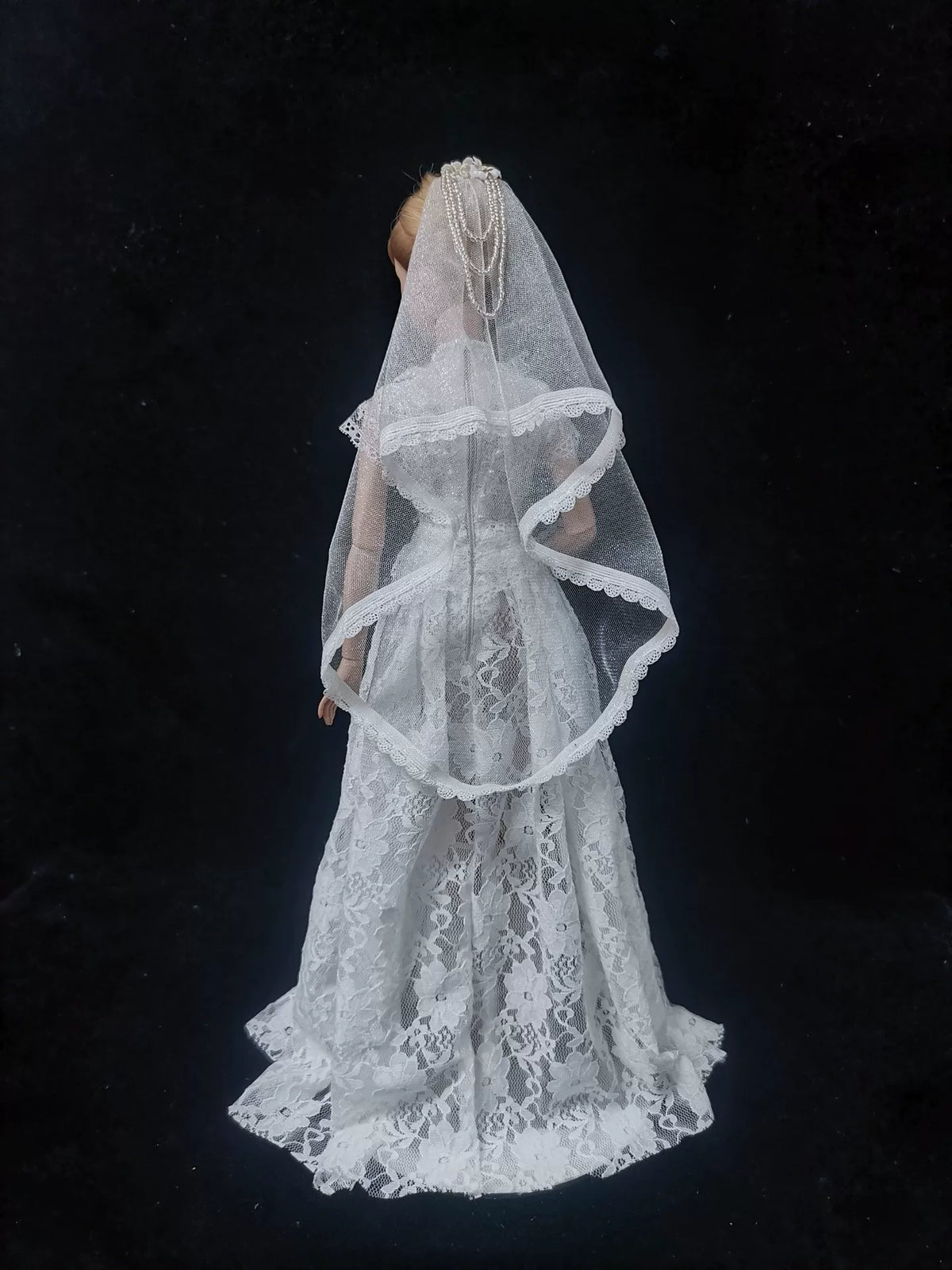 Made-to-order white doll bridal dress and veil for multiple scales
