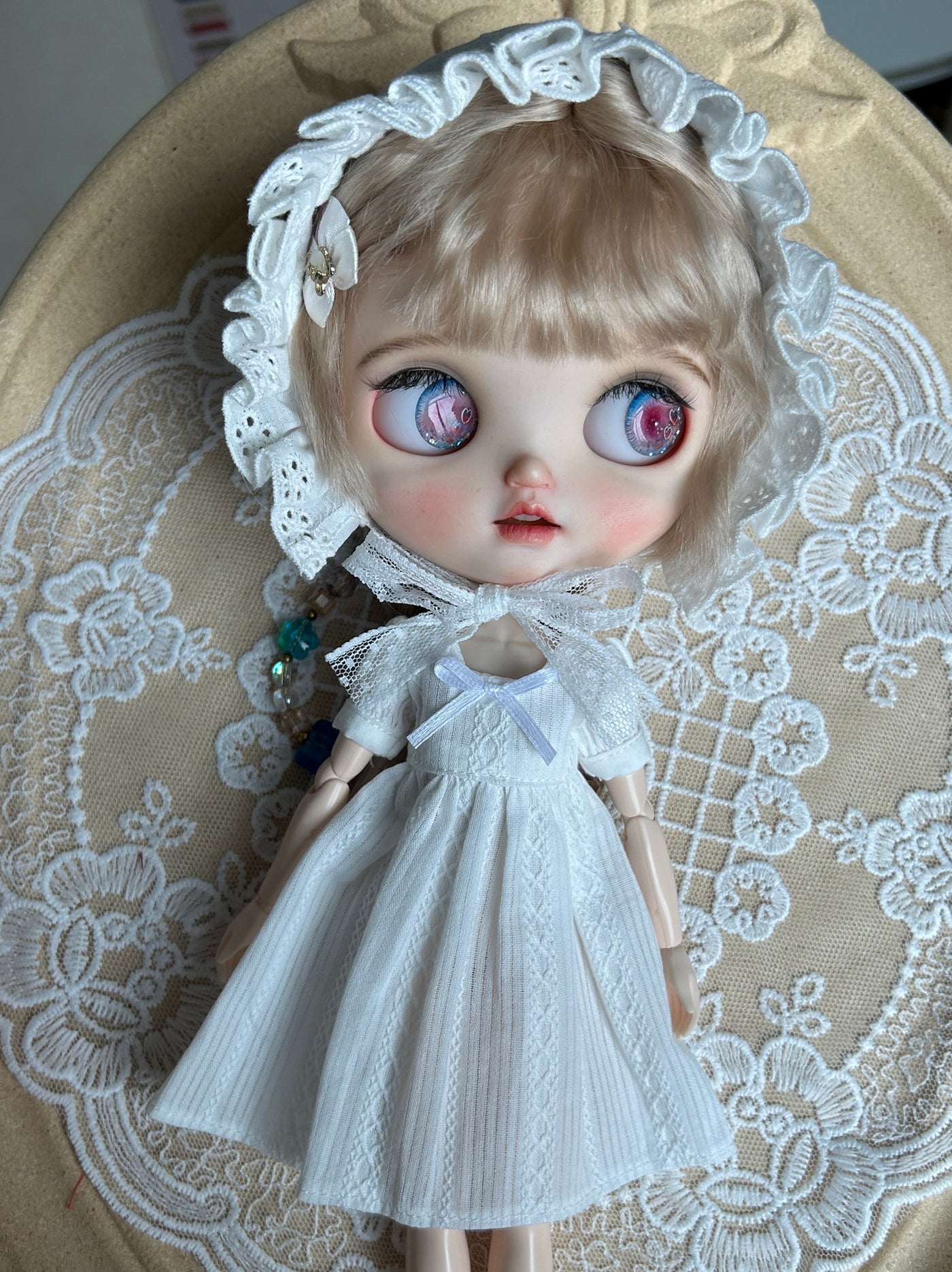1/6ドール用 ホワイトワンピース｜長袖・半袖2タイプ｜ボンネット追加可｜Blythe・Obitsu24・Azone・Licca・Cherry対応