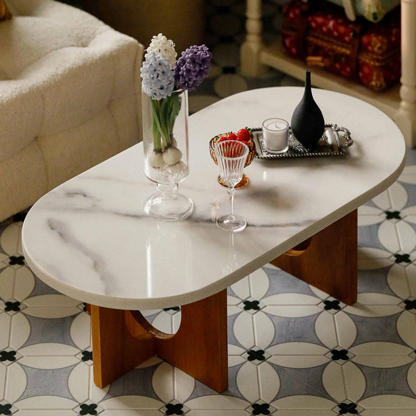 1/6 Scale Modern Marble-Look Doll Coffee Table | Dollhouse Furniture & Miniature Table
