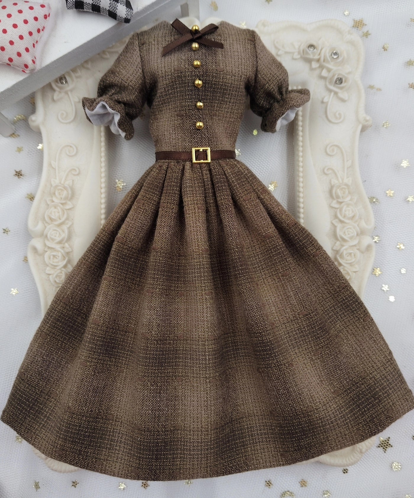 1/6 scale Brown Plaid doll vintage outfit, made-to-order dress