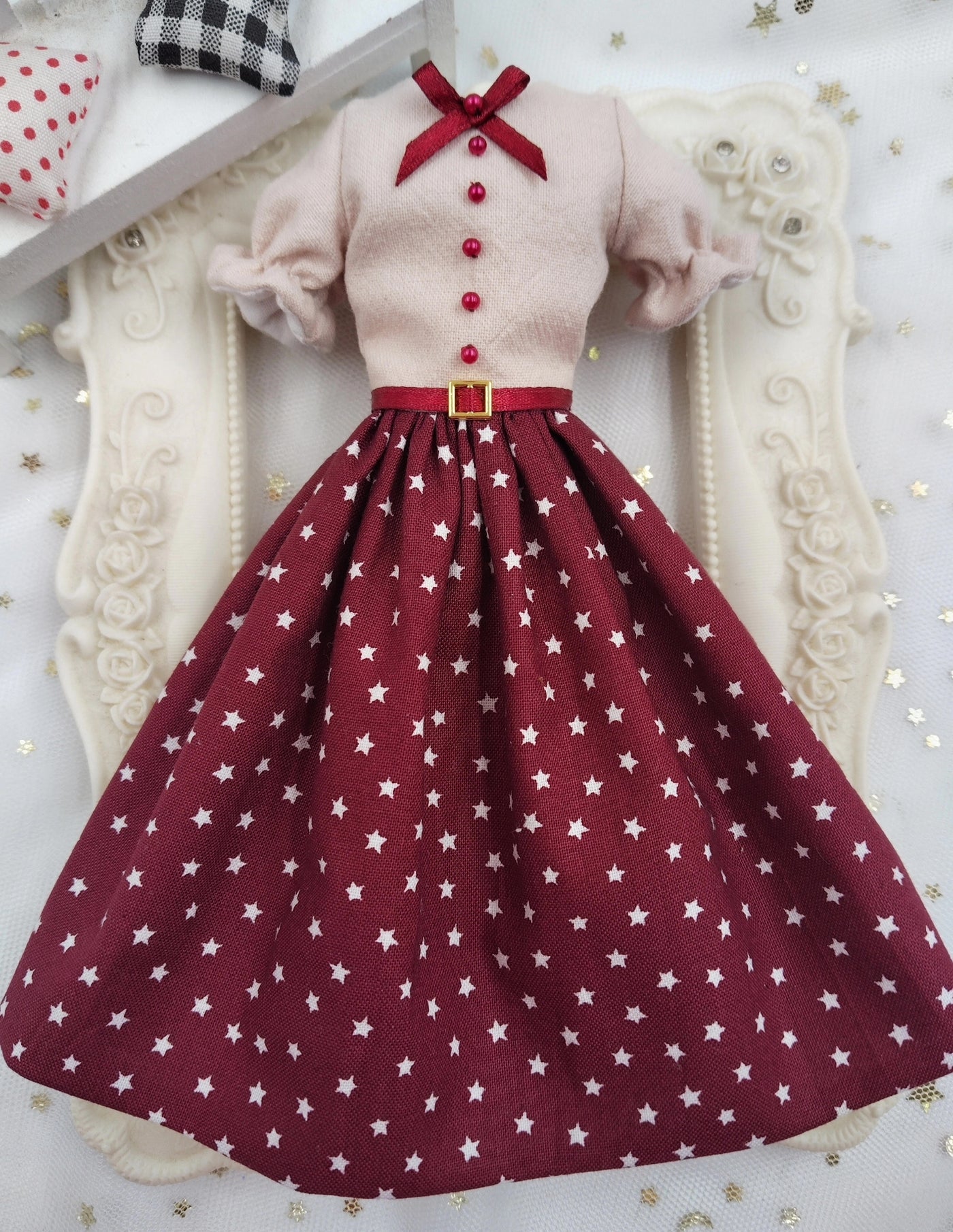 1/6 scale Burgundy Star Print doll vintage outfit, made-to-order dress