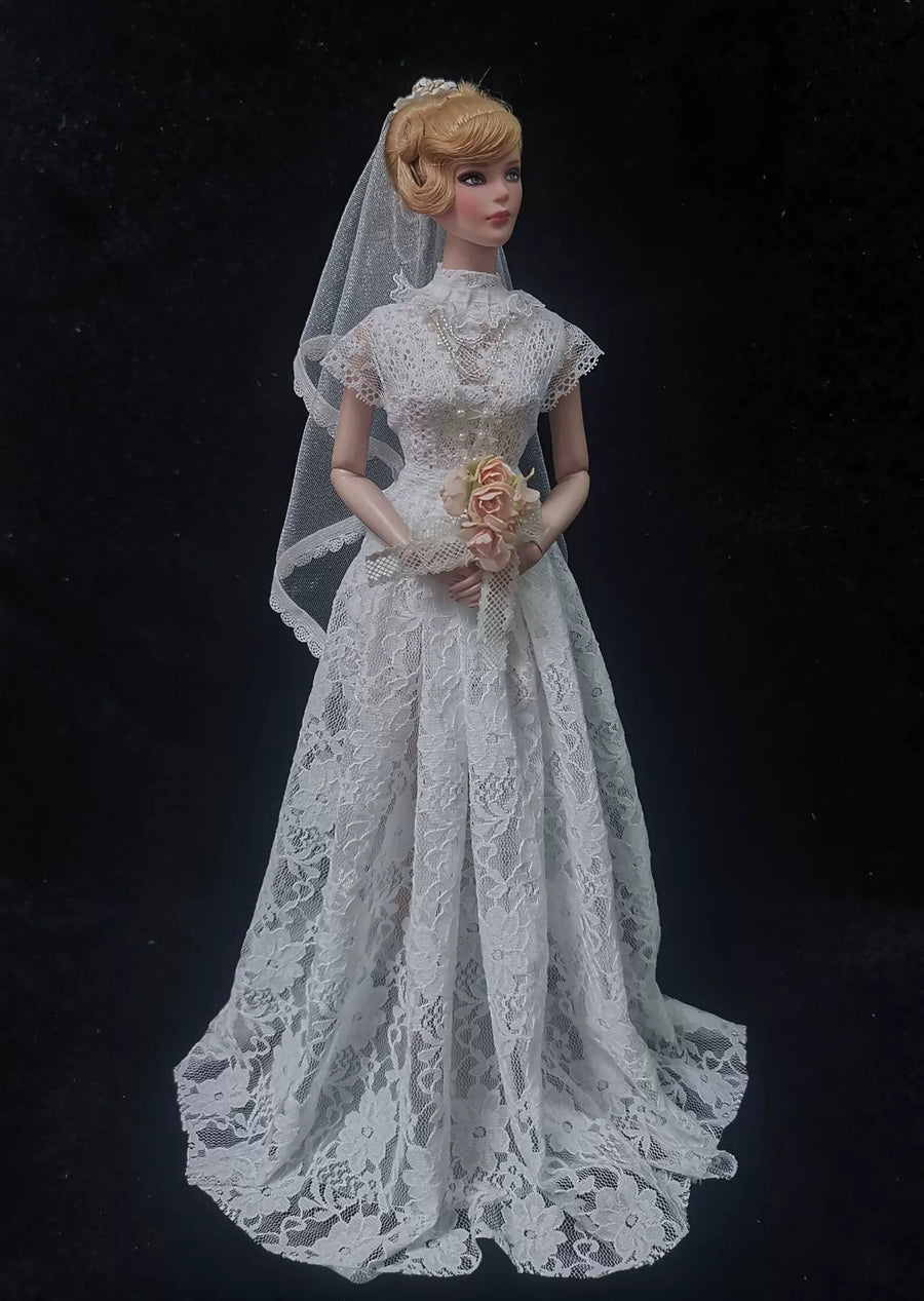 Classic white lace doll wedding dress with matching bridal veil