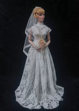 Classic white lace wedding dress and veil, doll fashion ensemble