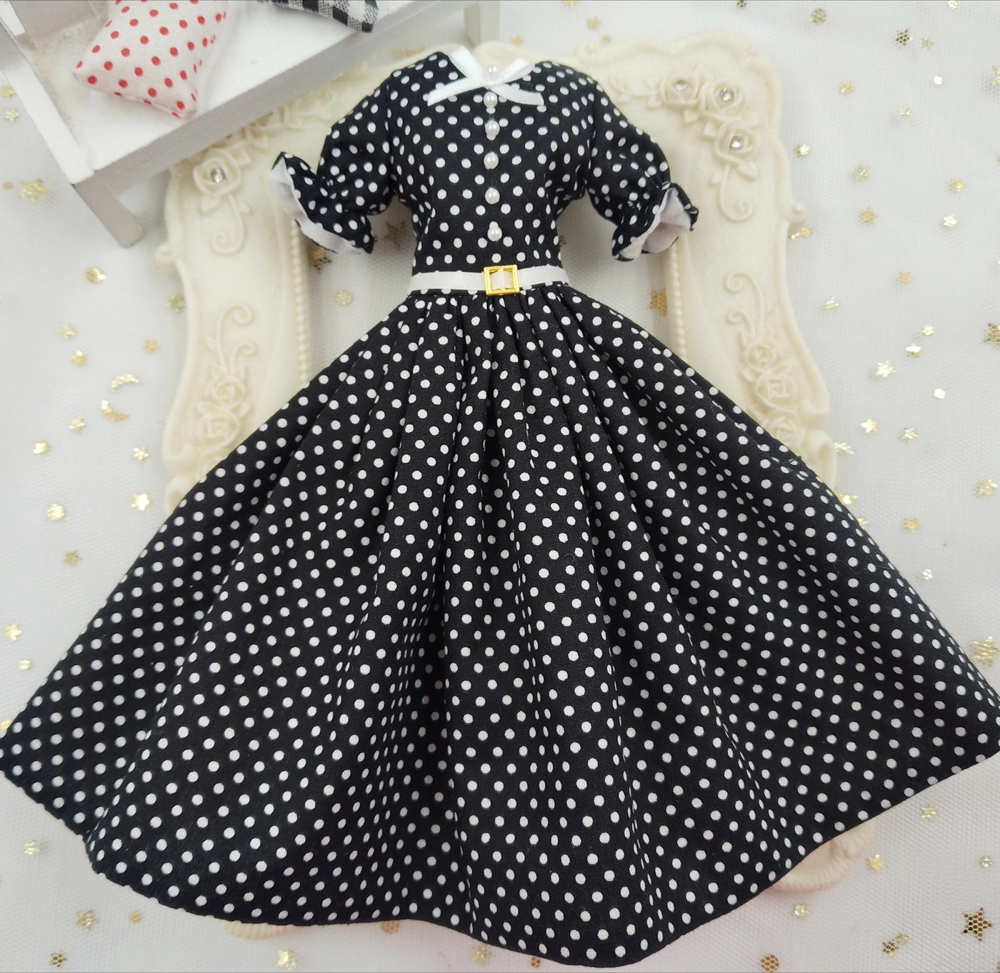 1/6 scale Black White Polka Dot doll vintage outfit, made-to-order dress
