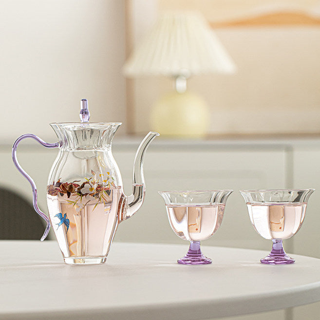 花見・ピクニック・お庭｜耐熱ガラス茶器｜茶器セット（ティーポット＋茶杯）／紫手提げバッグ