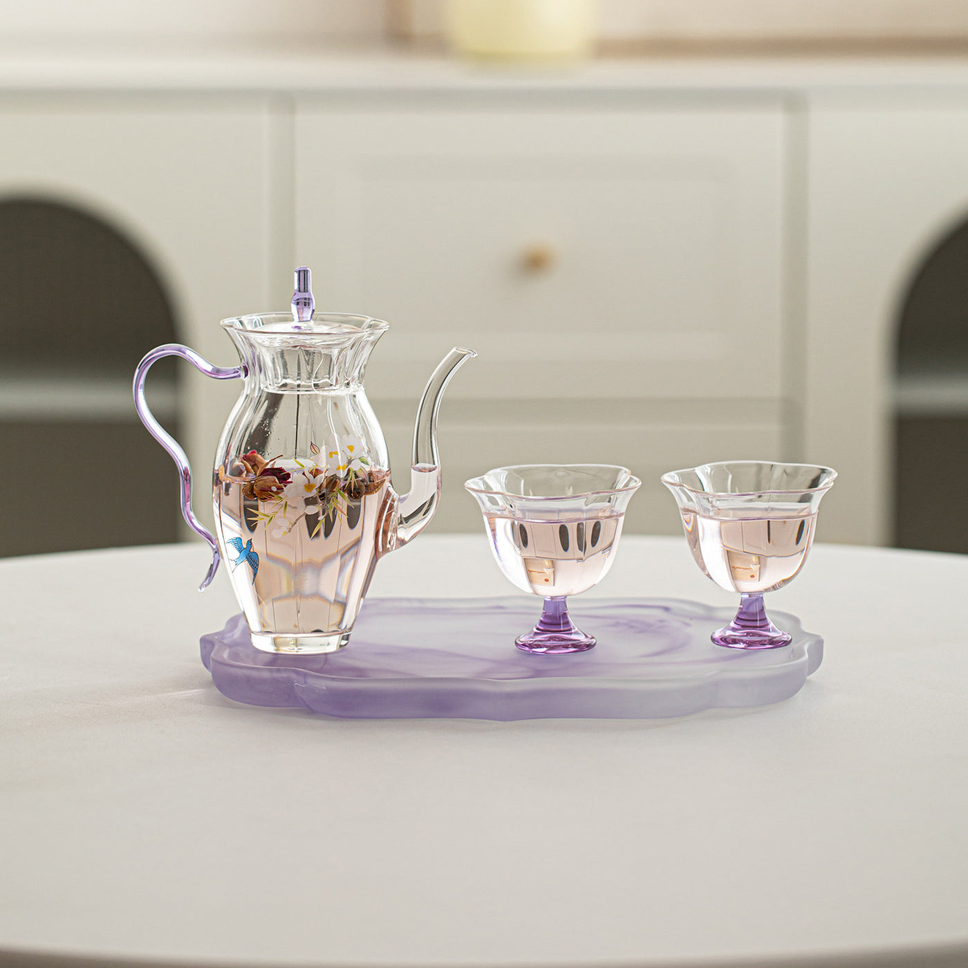 花見・ピクニック・お庭｜耐熱ガラス茶器｜茶器セット（ティーポット＋茶杯）／紫手提げバッグ