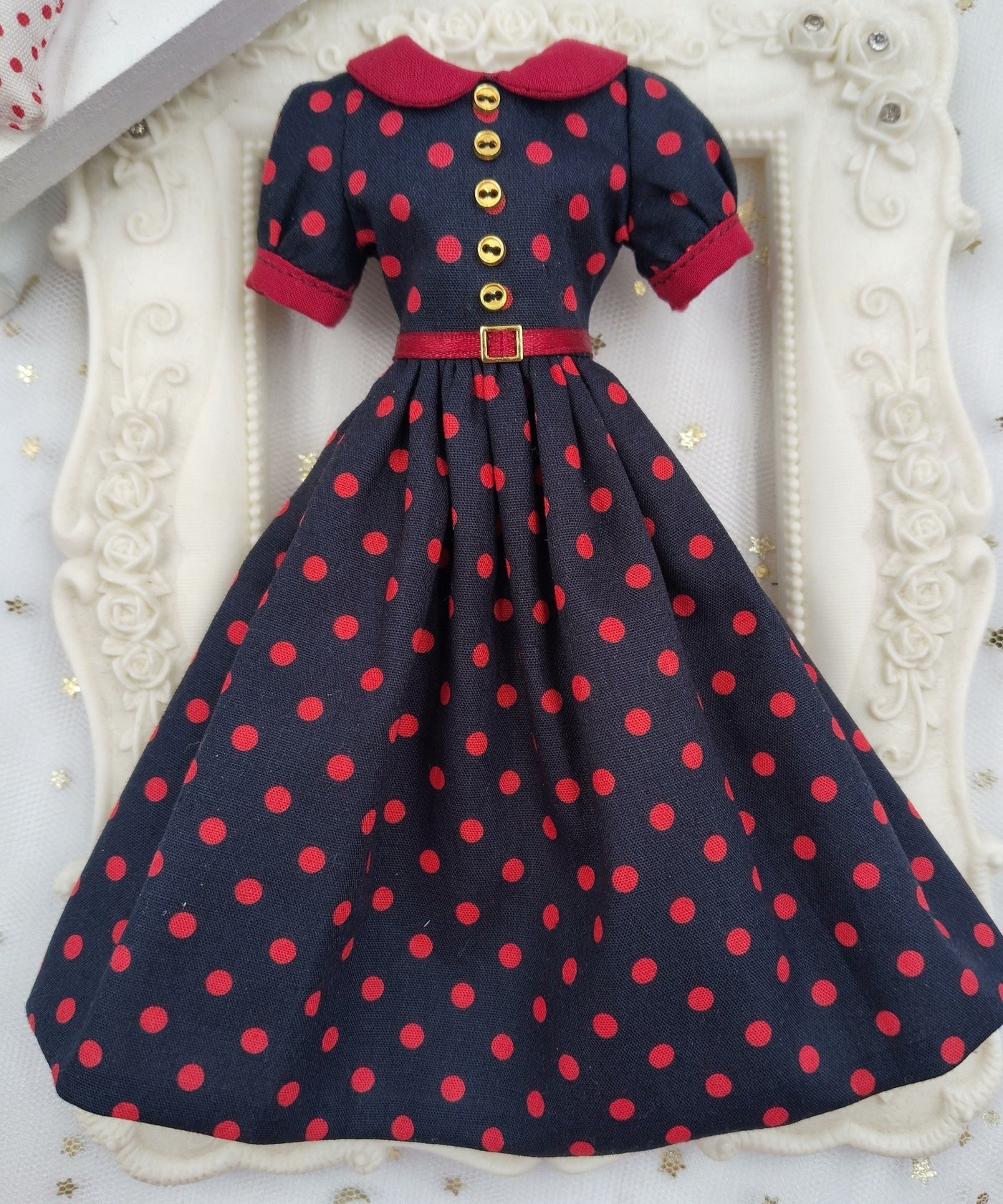 1/6 scale Black Red Polka Dot doll vintage outfit, made-to-order dress
