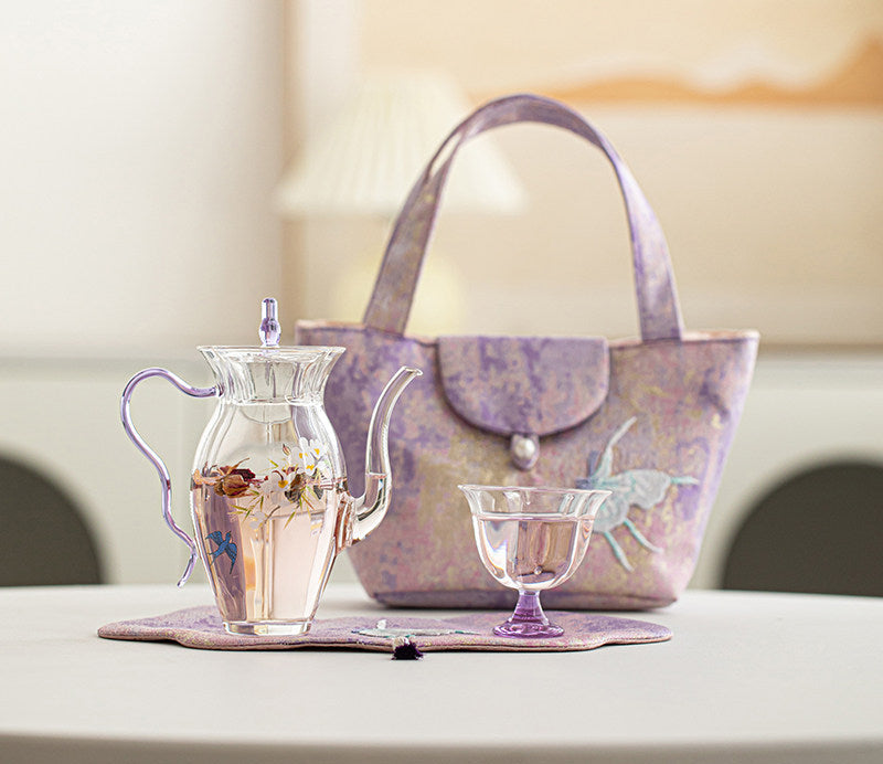 花見・ピクニック・お庭｜耐熱ガラス茶器｜茶器セット（ティーポット＋茶杯）／紫手提げバッグ