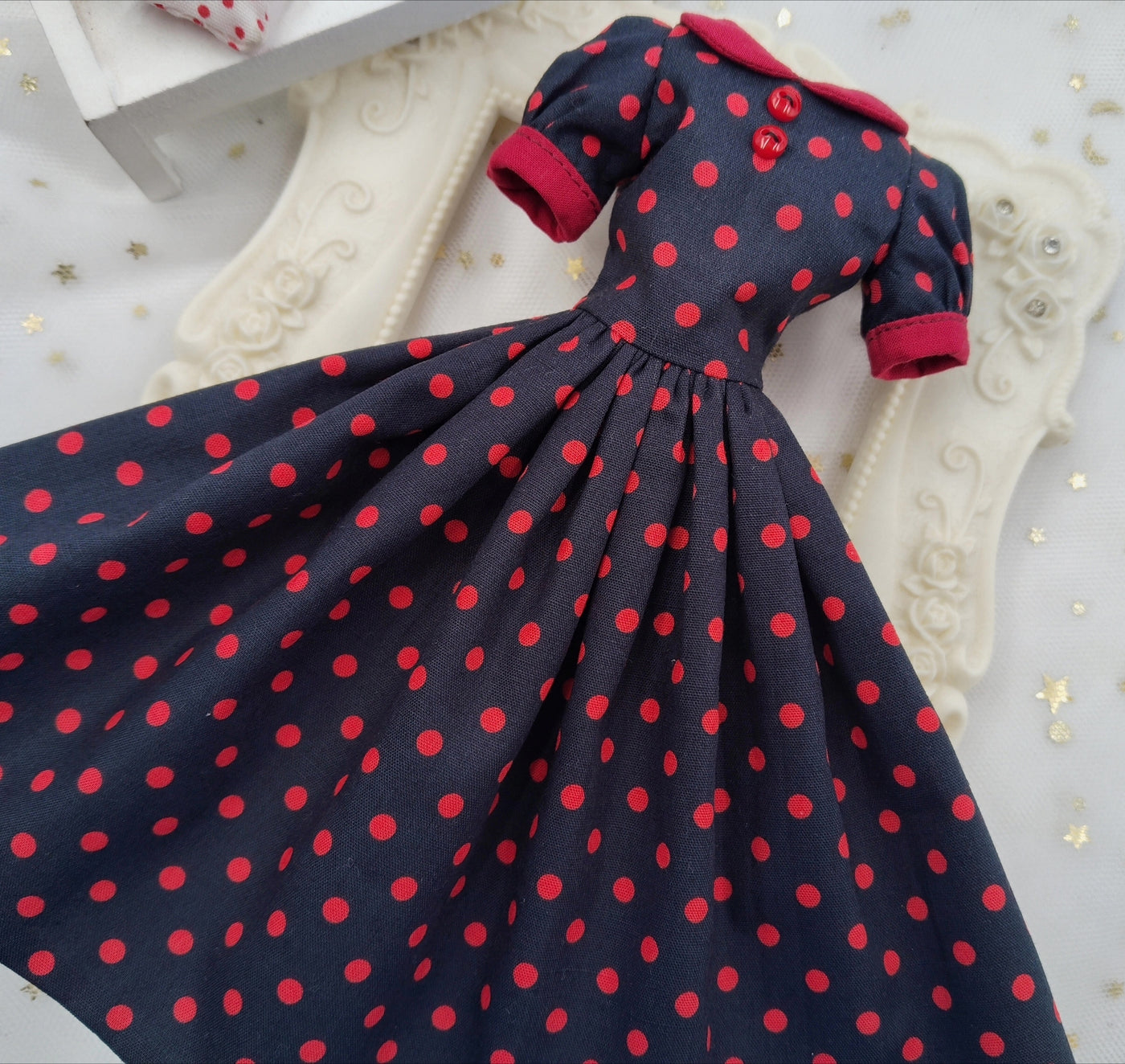 Made-to-order Navy Red Polka Dot 1/6 scale vintage doll dress for doll collectors
