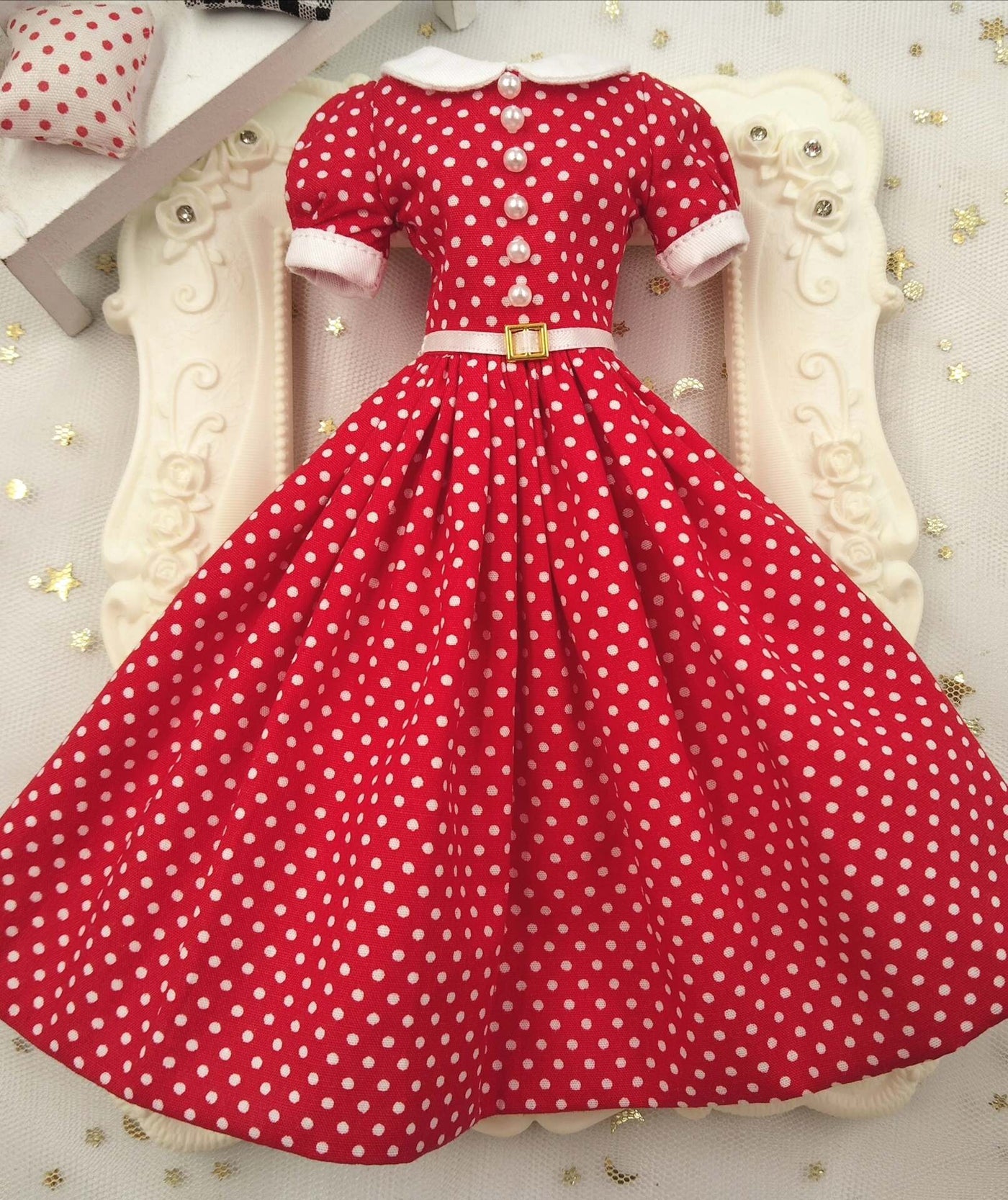 1/6 scale Red White Polka Dot doll vintage outfit, made-to-order dress