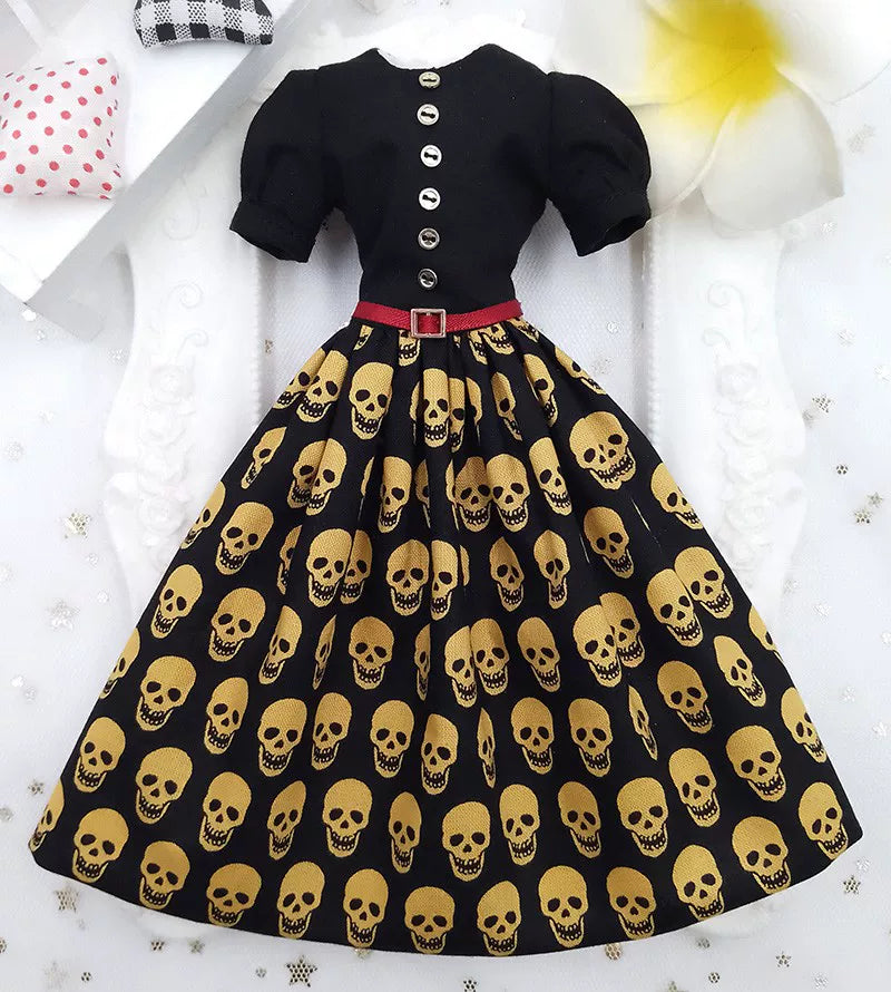 1/6 scale Black & Gold Skull Print doll vintage outfit, made-to-order dress