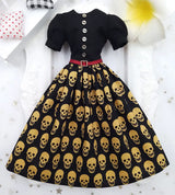 1/6 scale Black & Gold Skull Print doll vintage outfit, made-to-order dress
