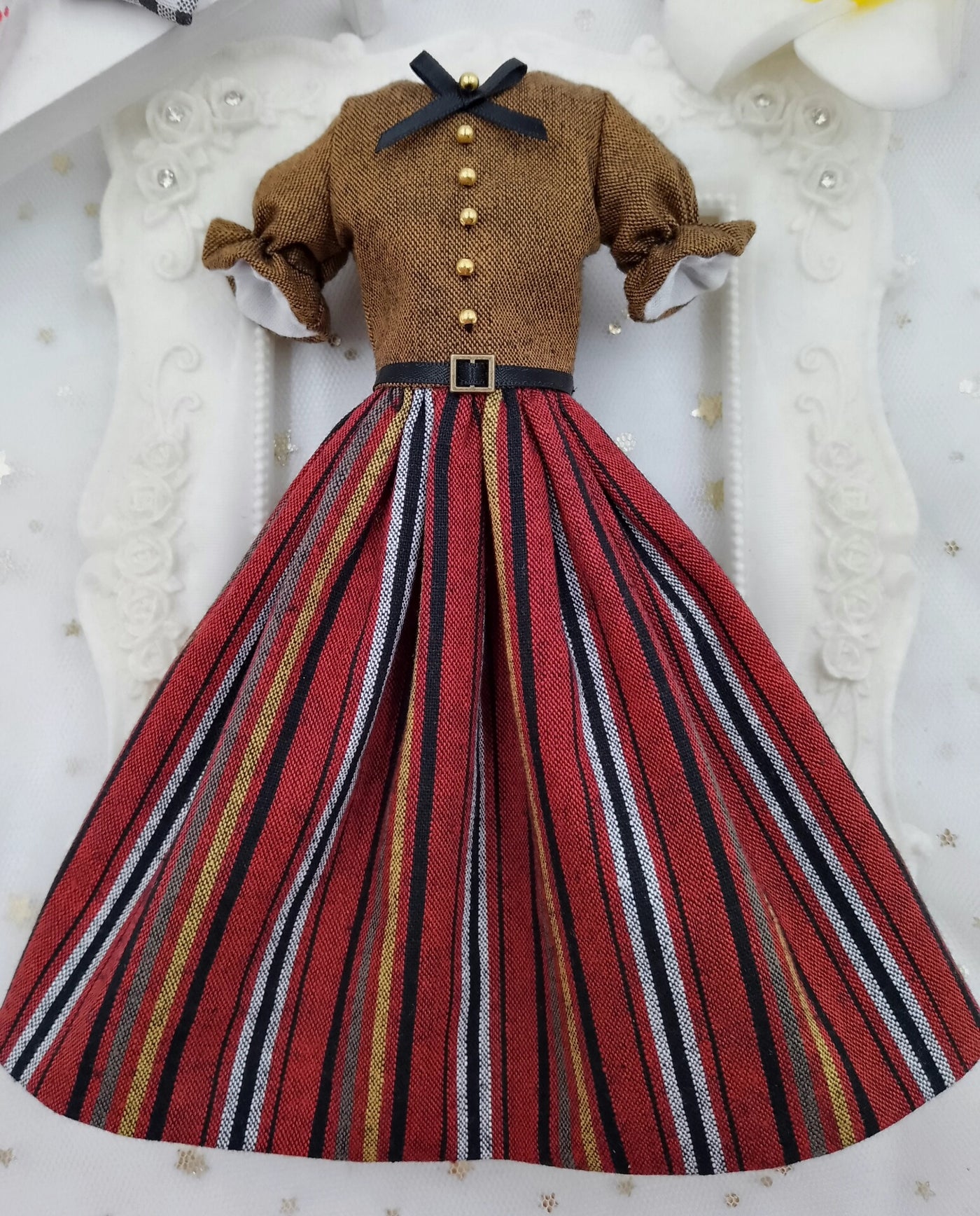 1/6 scale Red Black Blue Stripe doll vintage outfit, made-to-order dress