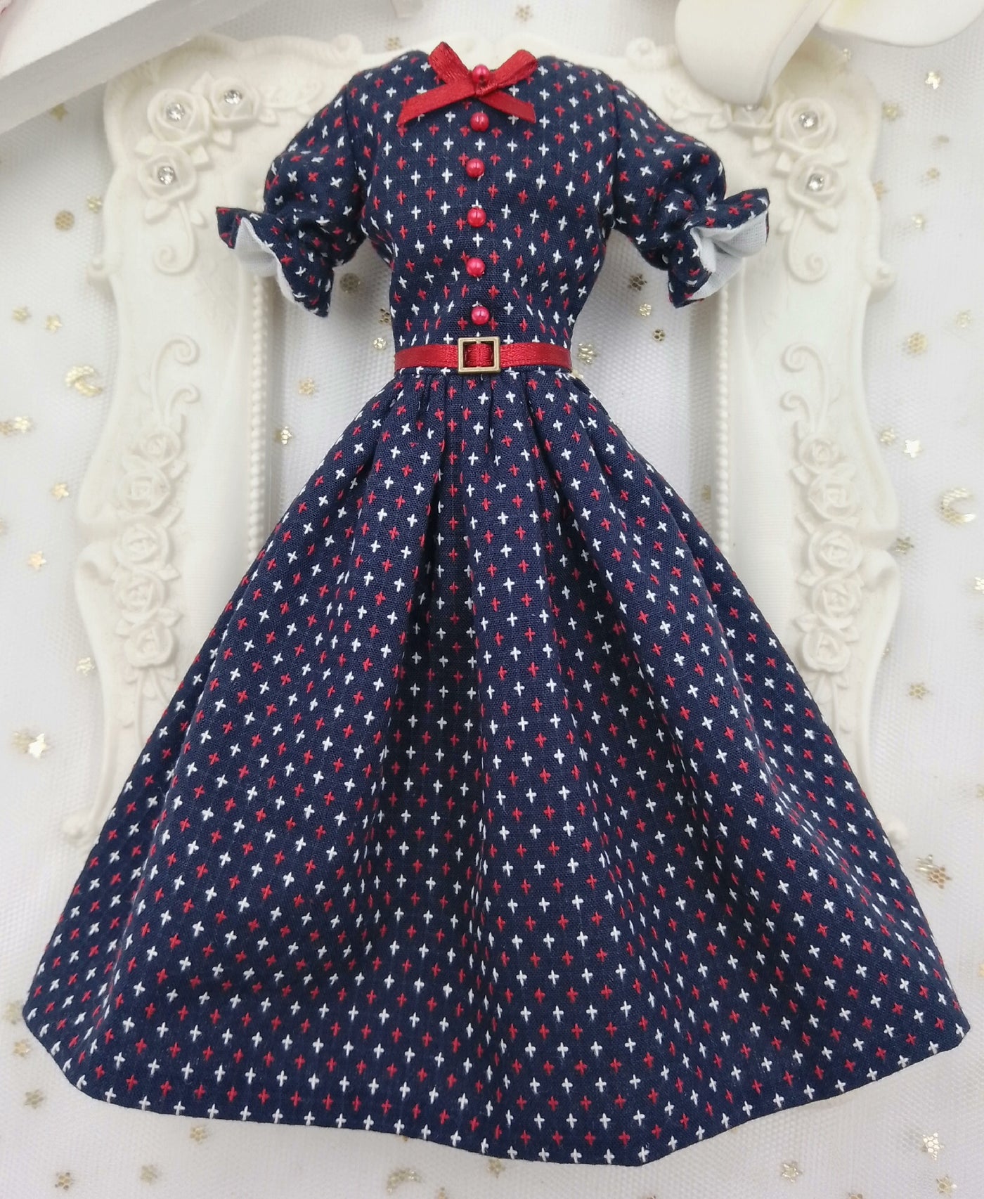 Made-to-order Navy Multicolor Ditsy Print 1/6 scale vintage doll dress for doll collectors