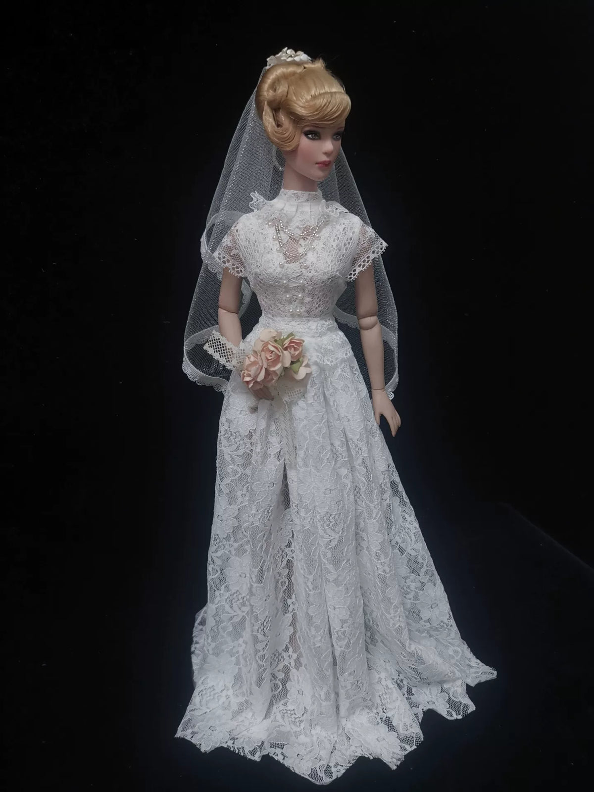 Romantic white lace doll wedding dress with bridal veil