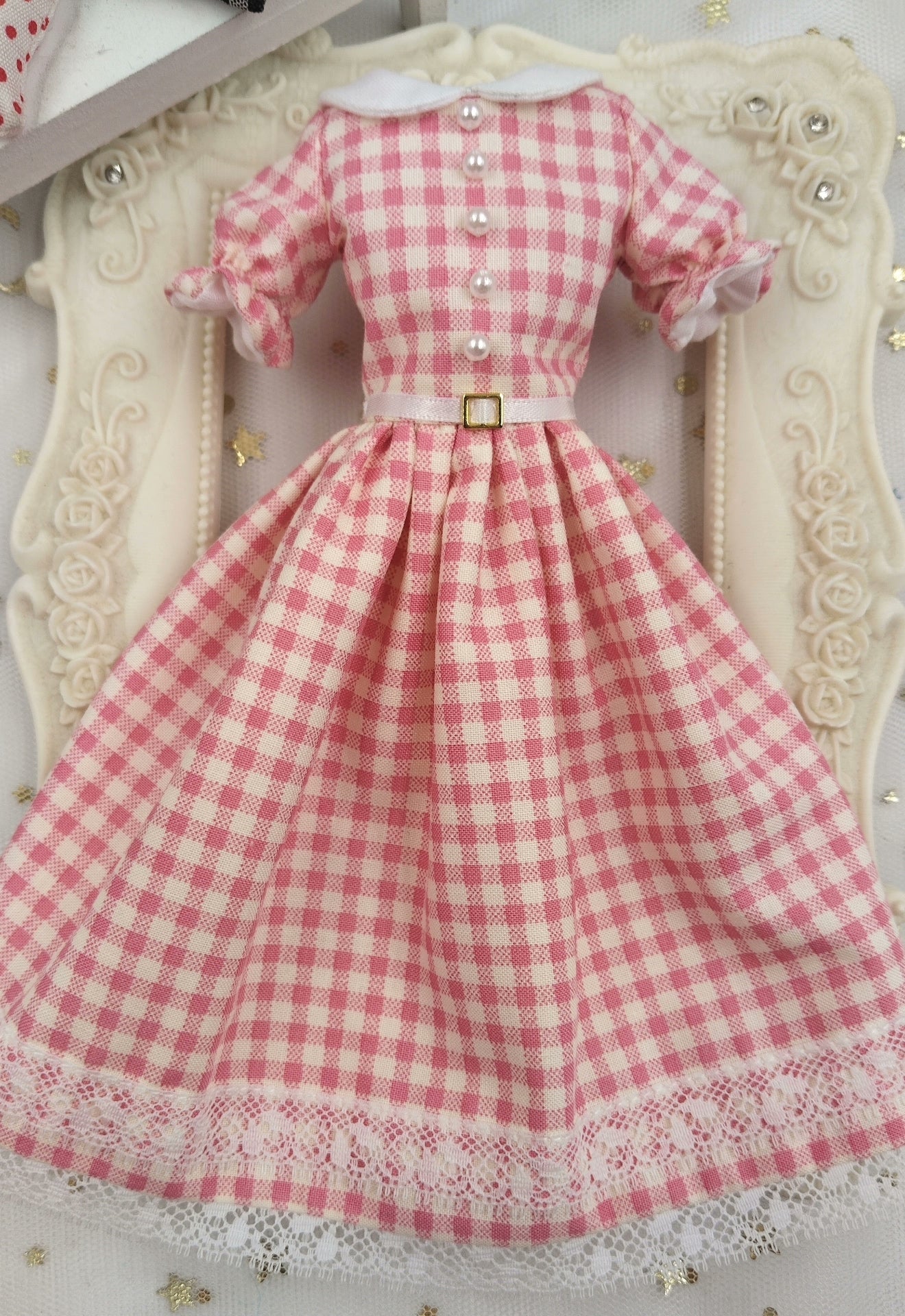 1/6 scale Pink Gingham doll vintage outfit, made-to-order dress