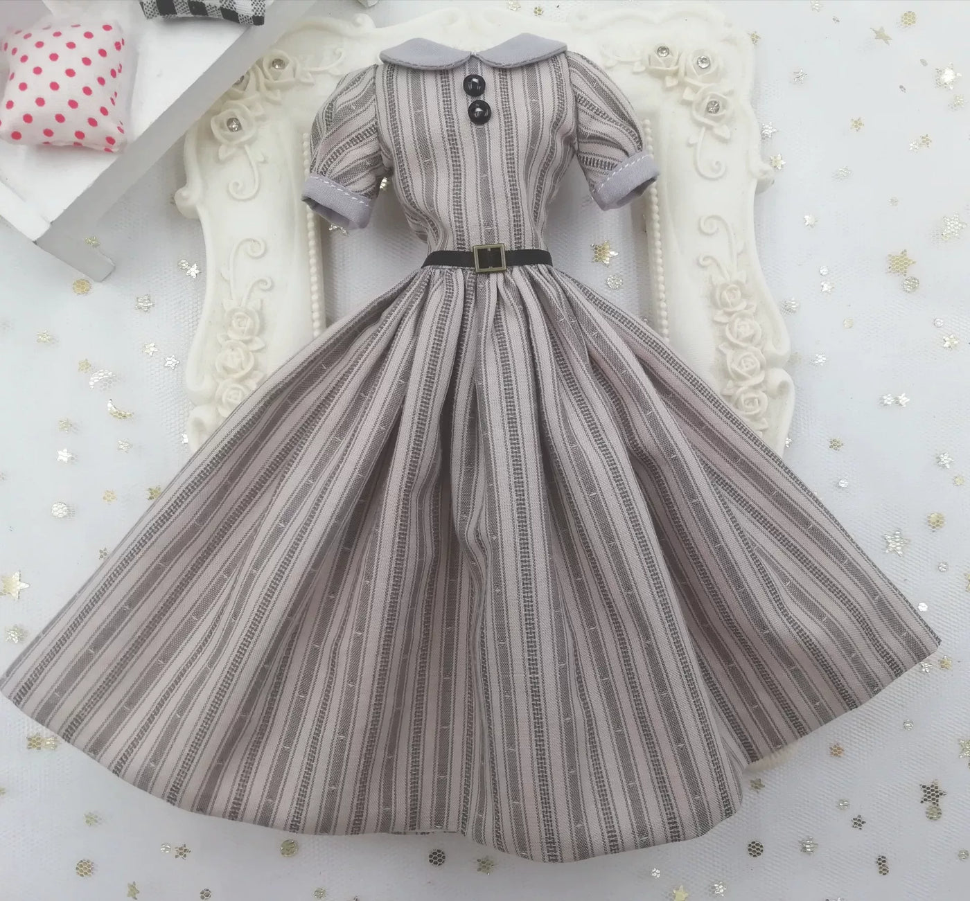 1/6 scale Grey Fine Pinstripe doll vintage outfit, made-to-order dress