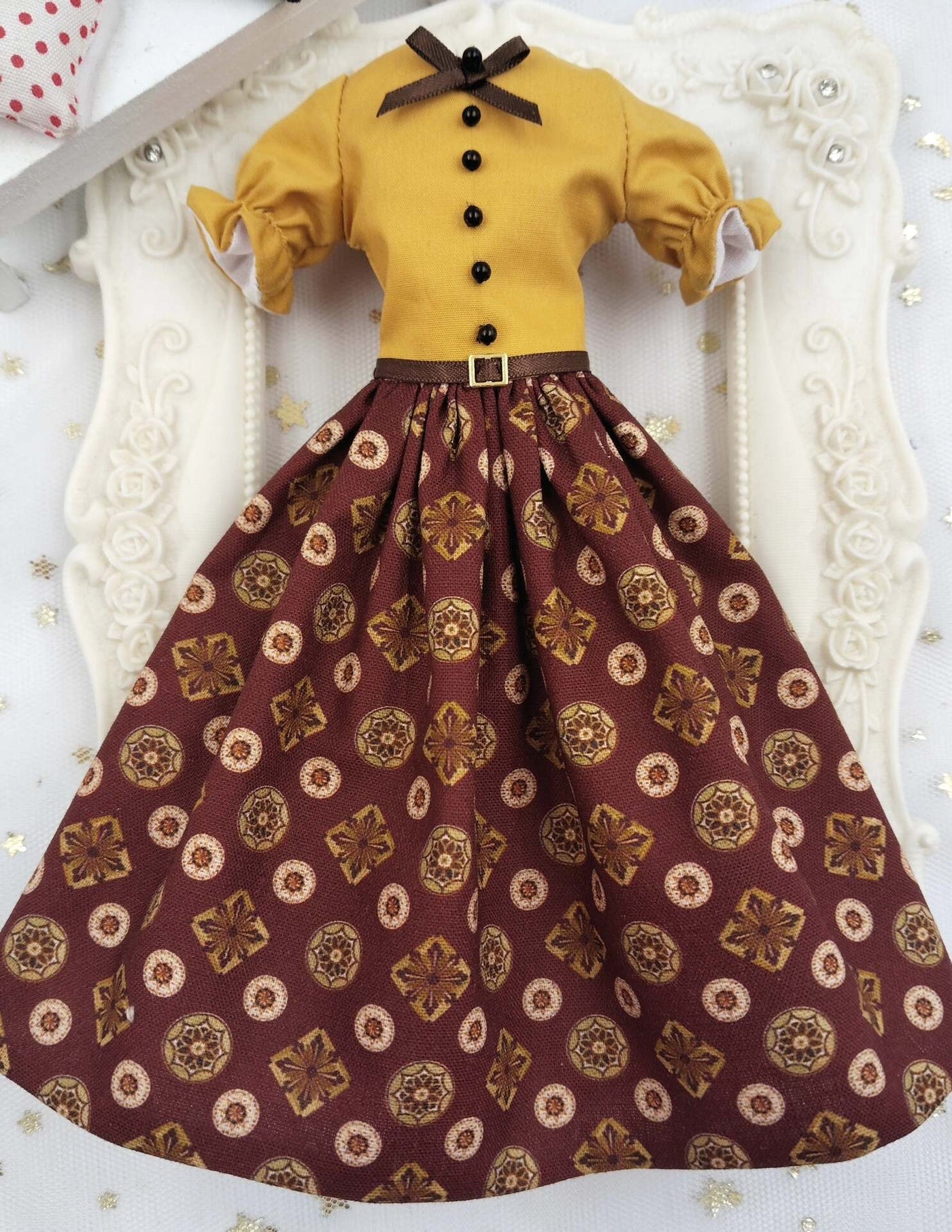 1/6 scale Mustard Brown Floral doll vintage outfit, made-to-order dress