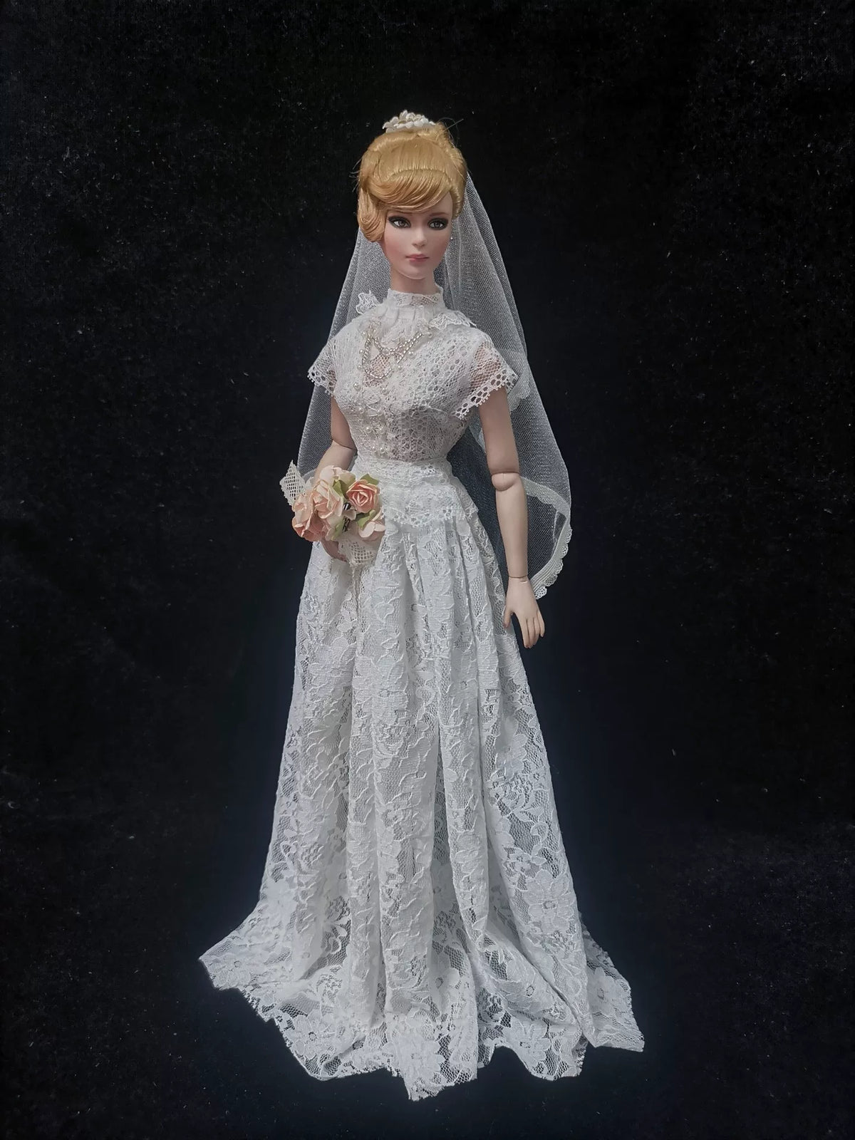 Traditional white bridal gown and veil for fashion dolls