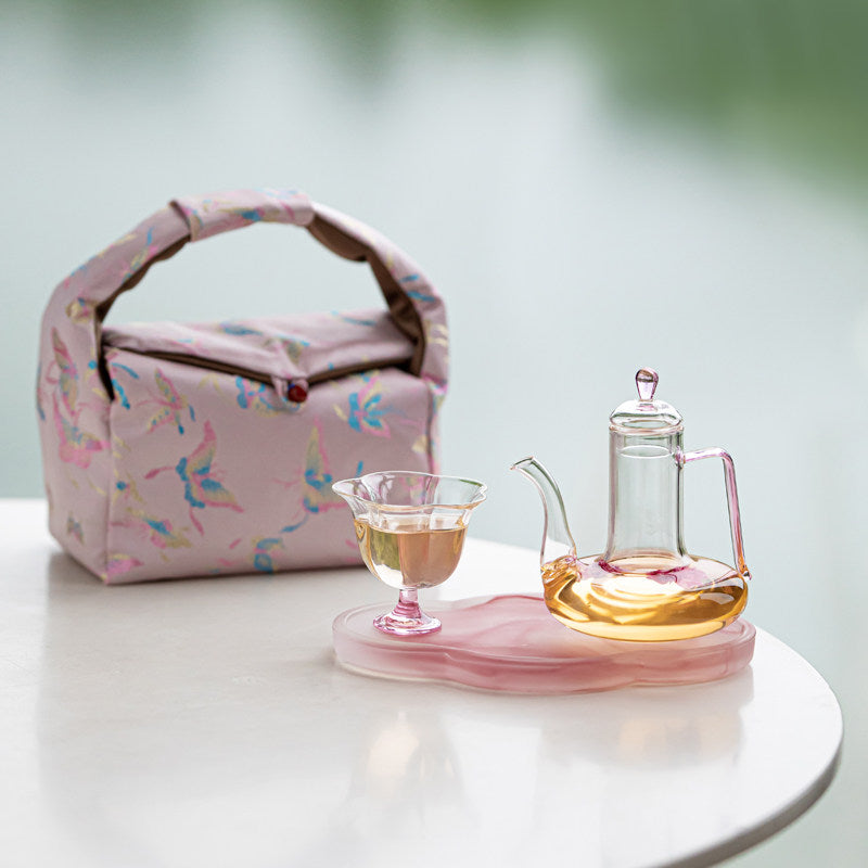 花見に｜耐熱ガラス 貴妃壺＋茶杯　携帯茶器セット バッグ付き