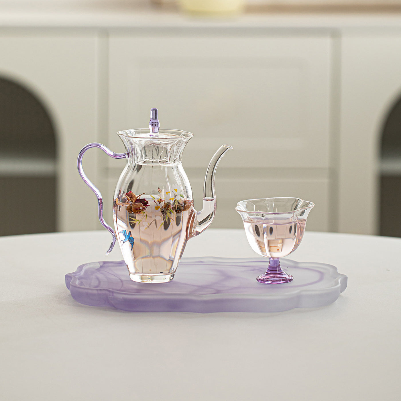 花見・ピクニック・お庭｜耐熱ガラス茶器｜茶器セット（ティーポット＋茶杯）／紫手提げバッグ