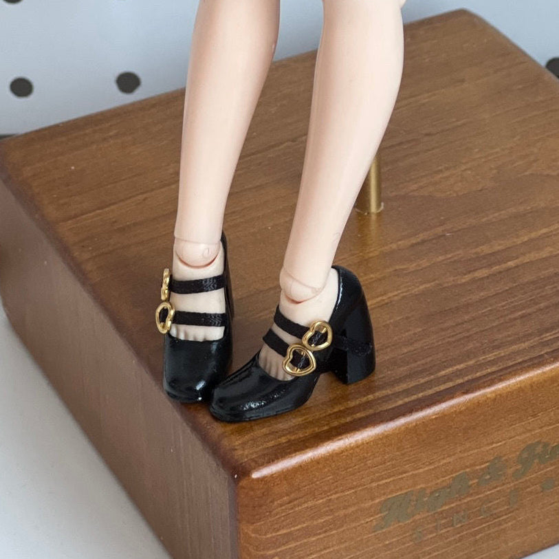 1/6ドール用 ハイヒール ハート盤扣メリージェーンシューズ｜Blythe・Obitsu24対応｜黒・白・ローズピンク