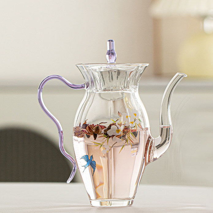 花見・ピクニック・お庭｜耐熱ガラス茶器｜茶器セット（ティーポット＋茶杯）／紫手提げバッグ