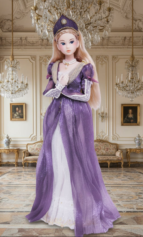 エンパイア様式をイメージしたドール用宮廷ドレスセット。シフォン素材のドレスに帽子とネックレスが付属し、多サイズ対応の受注制作商品。