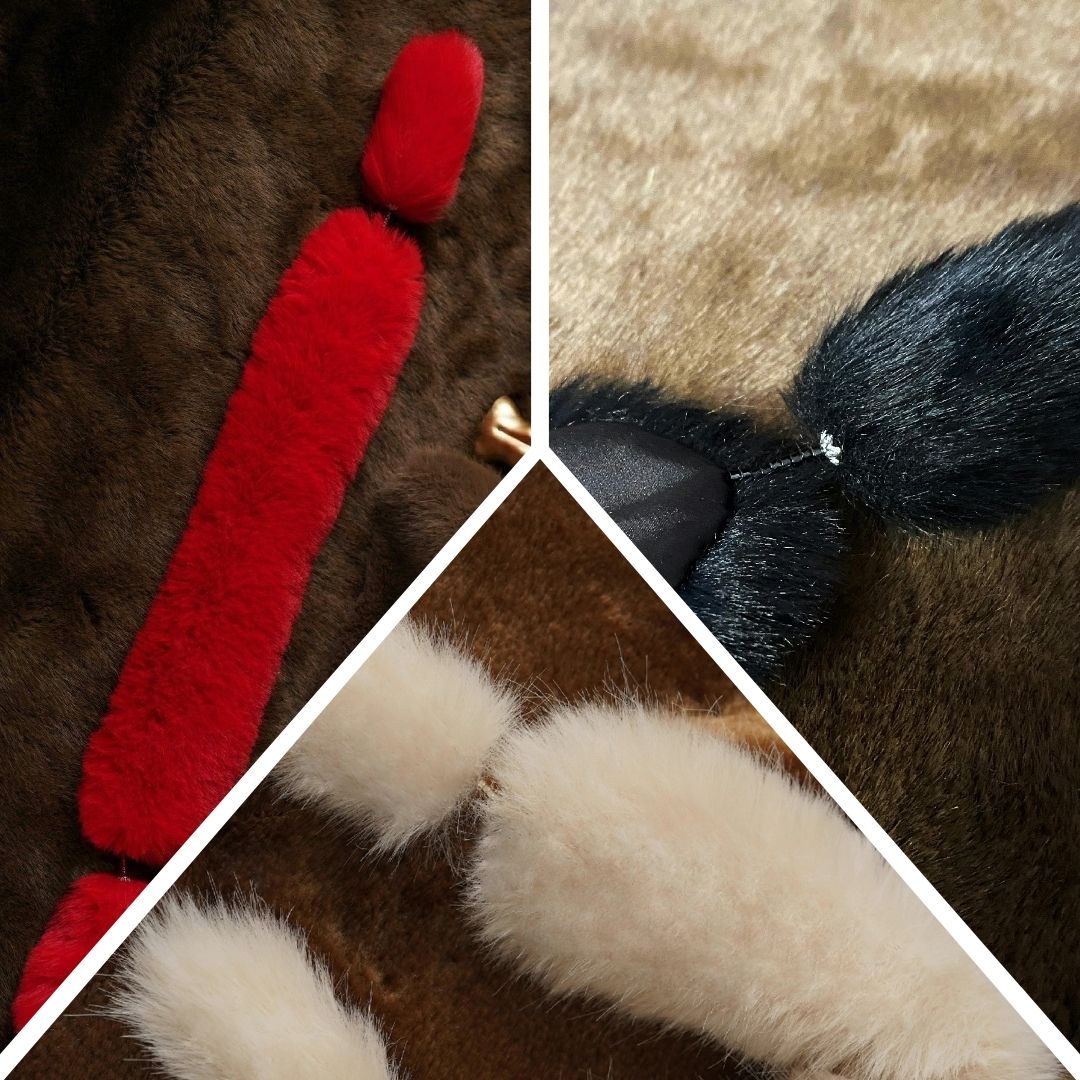 1/6 scale faux fur stoles in red, black, and beige with rhinestone clasps